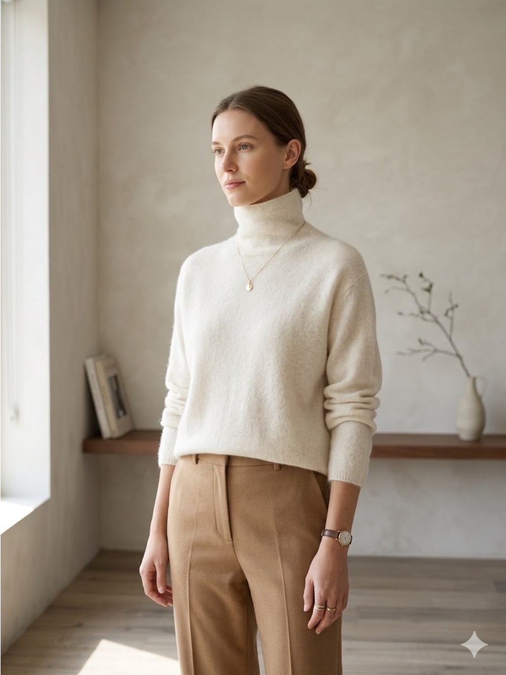 JWS Cream Raccoon Fox Wool Blend Fluffy Turtleneck Sweater - Medium